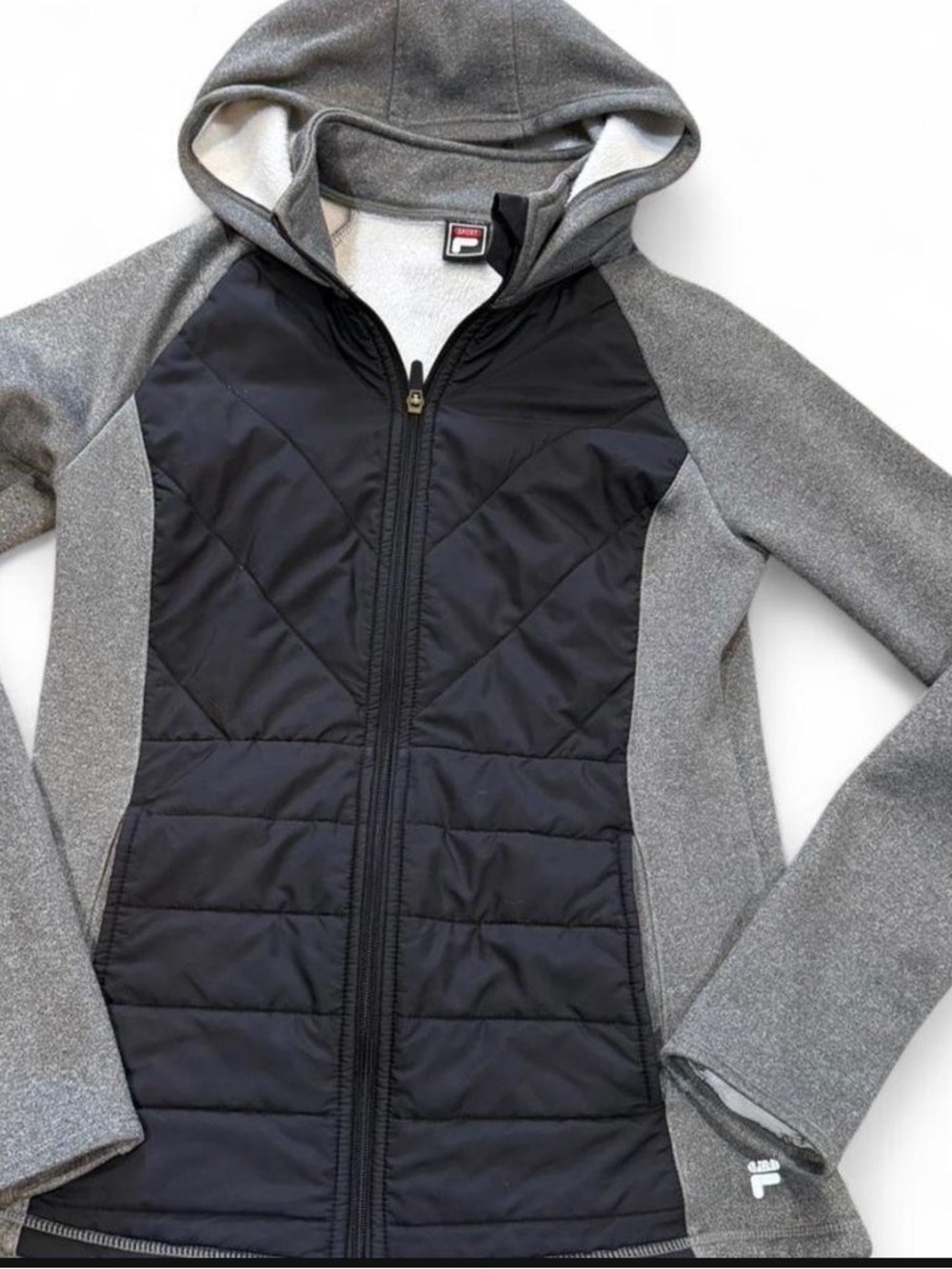 Fila Women’s Hooded Hybrid Puffer Jacket in Black and Gray